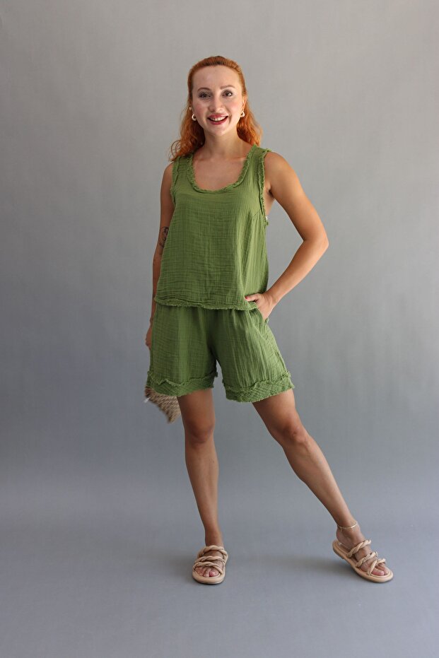 KADIN MÜSLİN SAÇAKLI ŞORT ÇAPRAZ CROP TAKIM - 6