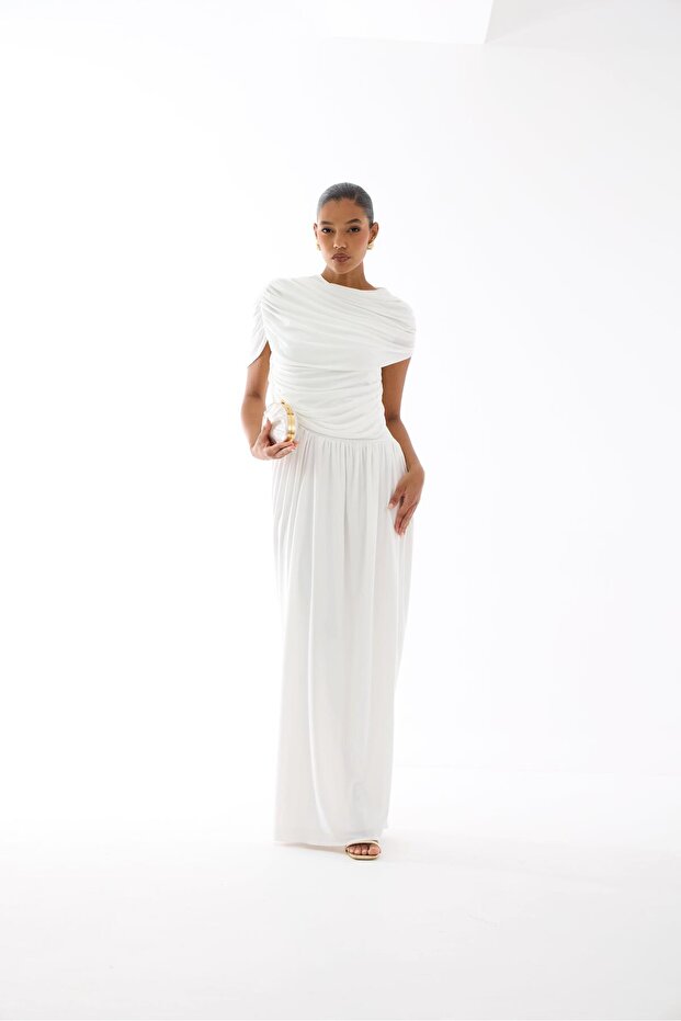 Boat Neck White Long Designer Dress
