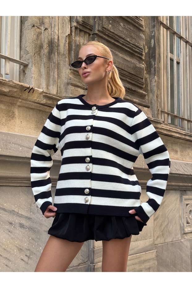 Women's Navy Blue and White Striped Cardigan with Button Detail