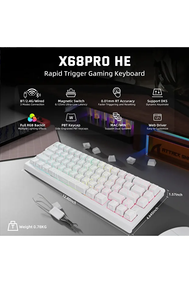 X68PRO HE RGB 8000Hz Kablosuz Rapid Trigger - Snap Tap 0.01mm Manyetik Switch Klavye - 2