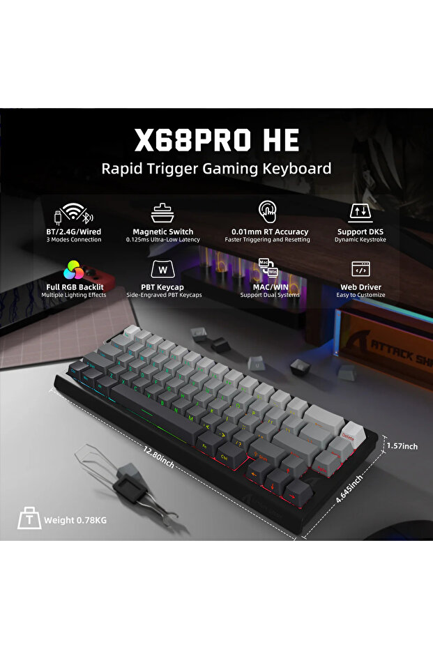 X68PRO HE RGB 8000Hz Kablosuz Rapid Trigger - Snap Tap 0.01mm Manyetik Switch Klavye - 2