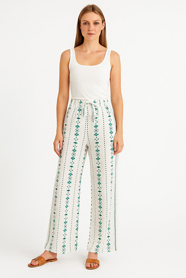 Women's Green Patterned Belted Elastic Waist Relaxed Fit Palazzo Linen Trousers