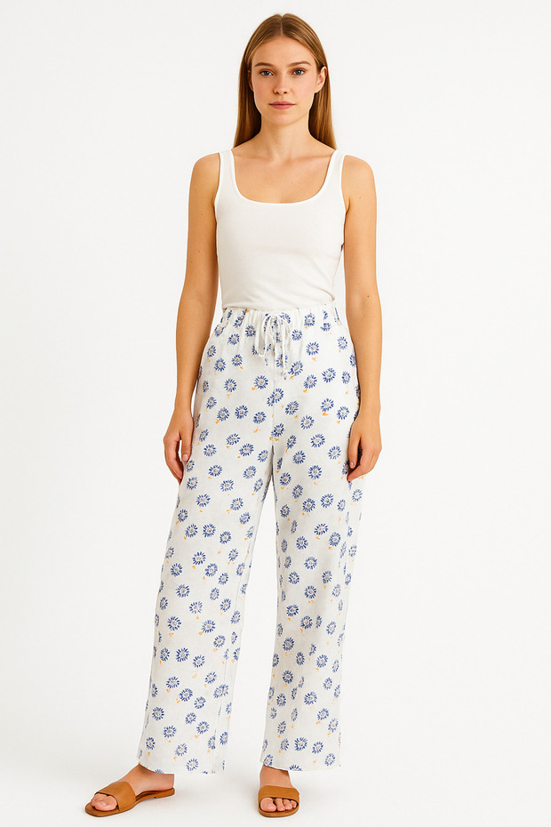 Women's Blue Floral Belted Elastic Waist Relaxed Fit Palazzo Linen Trousers