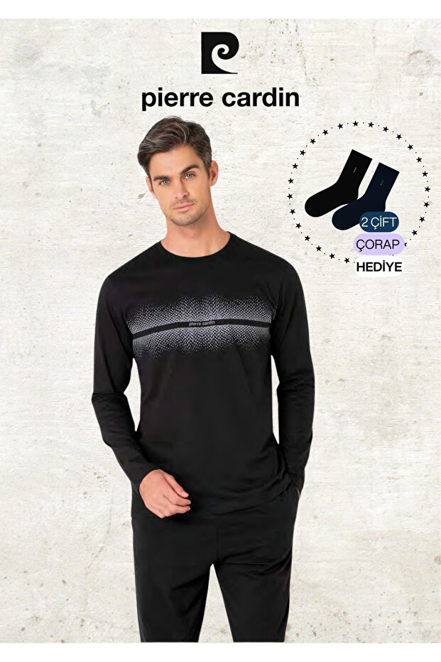Men's 100% Cotton Long Sleeve Patterned Black Pajama Set (2 Gift Socks) L1.Pc.6102.001