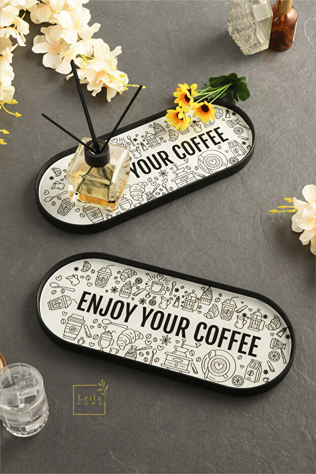 Glass Presentation Tray with "Enjoy Your Coffee" Written on It - 2 Pieces 12X30 cm