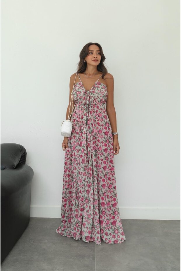 Pembe İp Askılı Şifon Elbise - 5