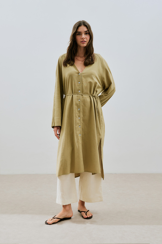 Textured Buttoned Long Tunic Khaki - 5
