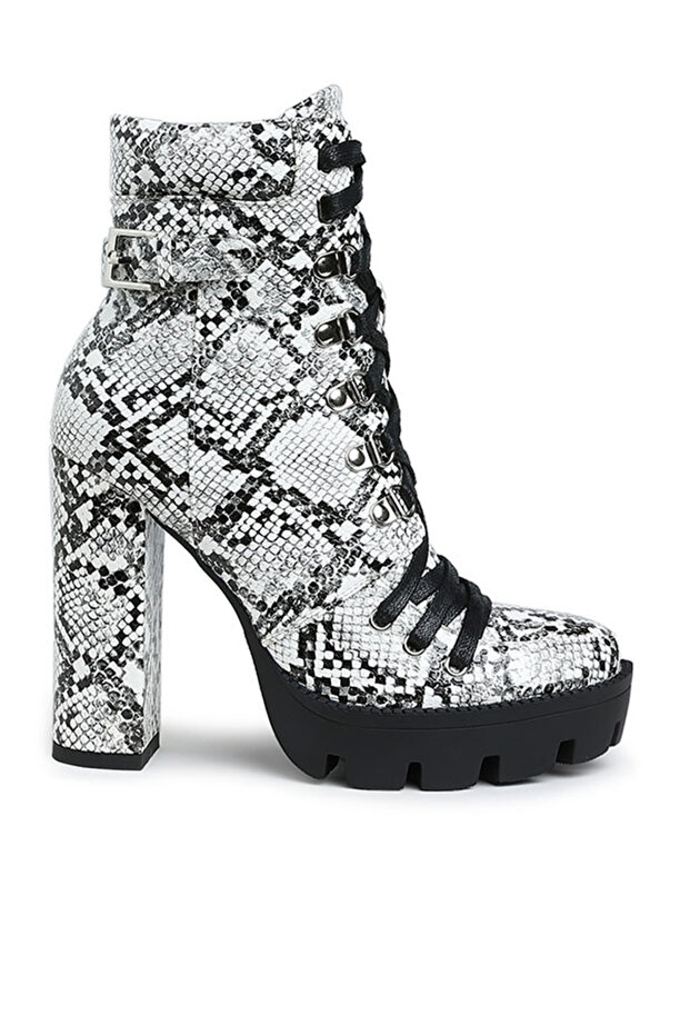Women Black Snake Skin Cushion Collared Ankle Boots