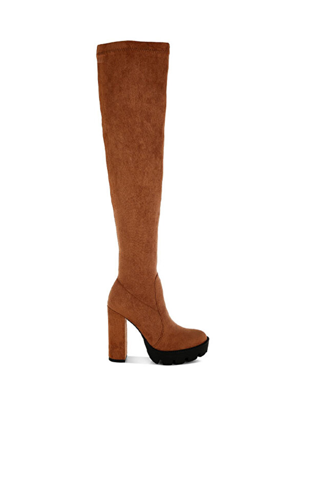Women Tan High Block Heeled Faux Suede Long Boots