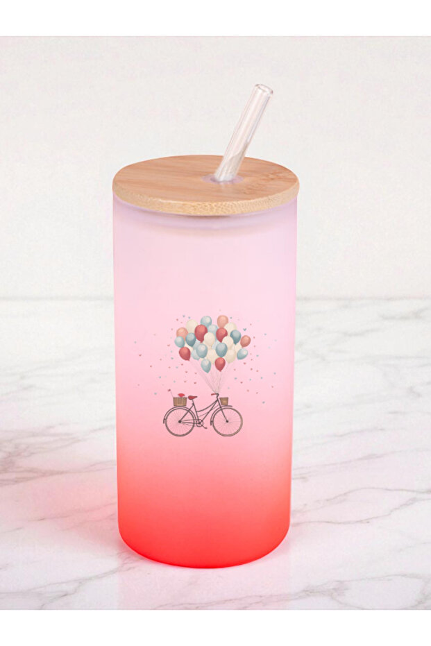 600 ml Glass Flask with Bicycle Print with Balloons - Water Flask, Water Bottle Flask, Glass Flask with Straw - 1