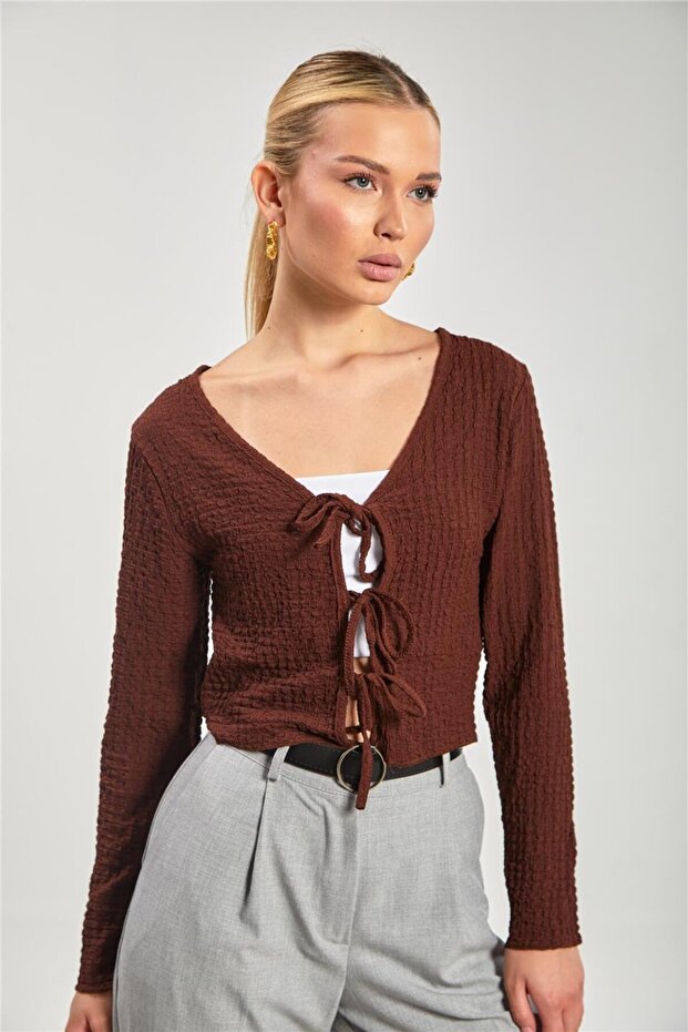 Women's Long Sleeve Cardigan with Tie Front - Bitter Brown