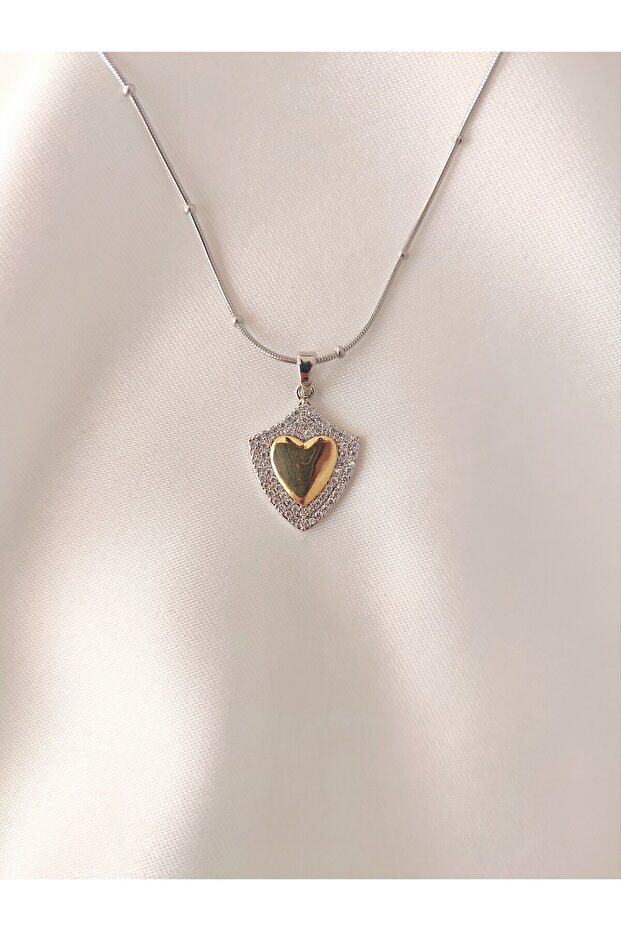 Women's Steel Zircon Stone Plate Heart Necklace