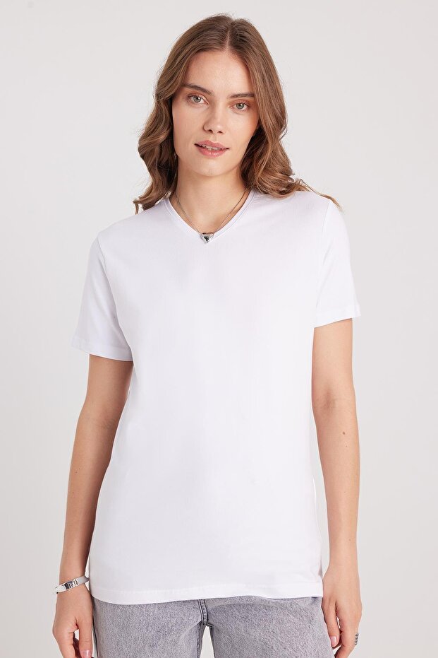 Women's Slim Fit Tight-Fitting Cotton Soft Textured Lycra Plain Basic White V-Neck T-Shirt Blouse