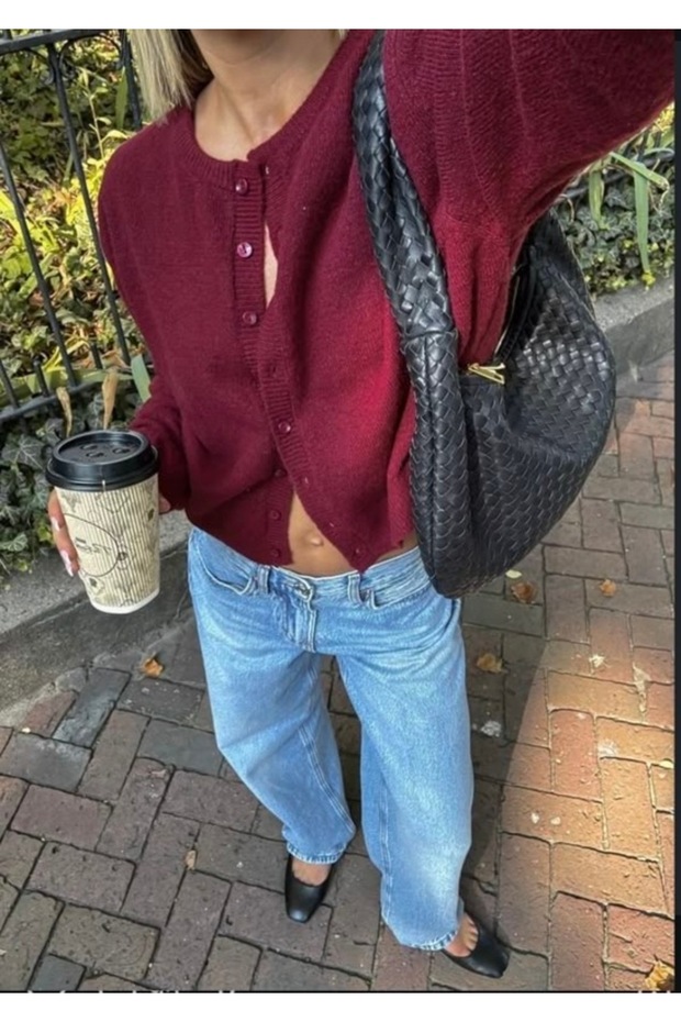 Bordo Basic Düğmeli Kadın Triko Hırka - 1