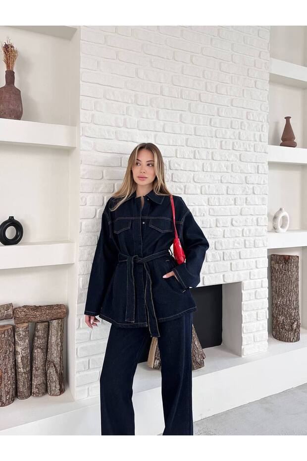 Women's Lace-Up Navy Blue Jacket Pants Denim Set