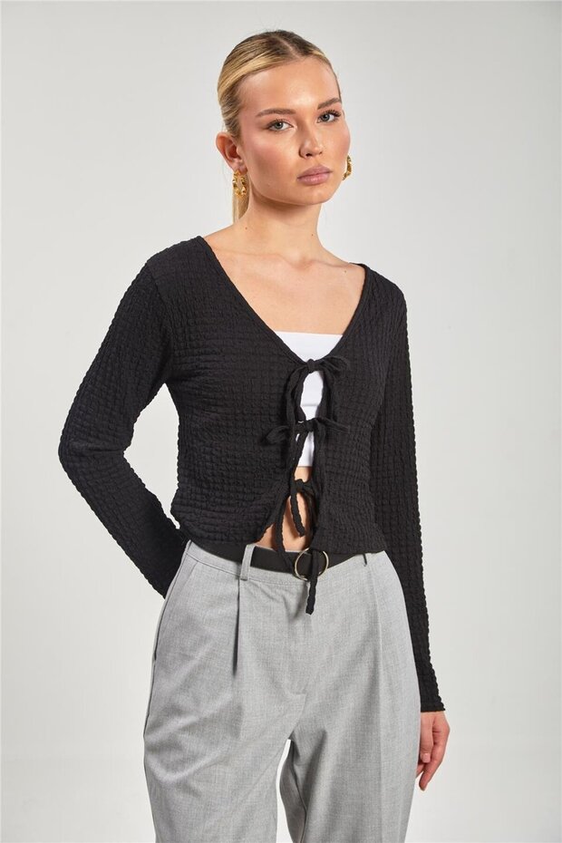 Women's Long Sleeve Tie Front Cardigan - Black