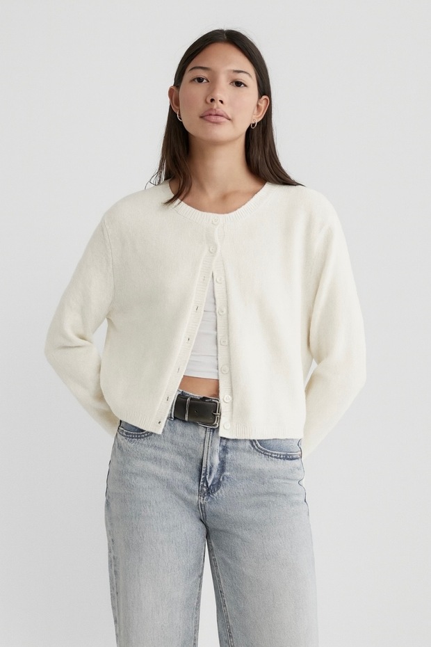 Ekru Basic Düğmeli Kadın Triko Hırka - 1