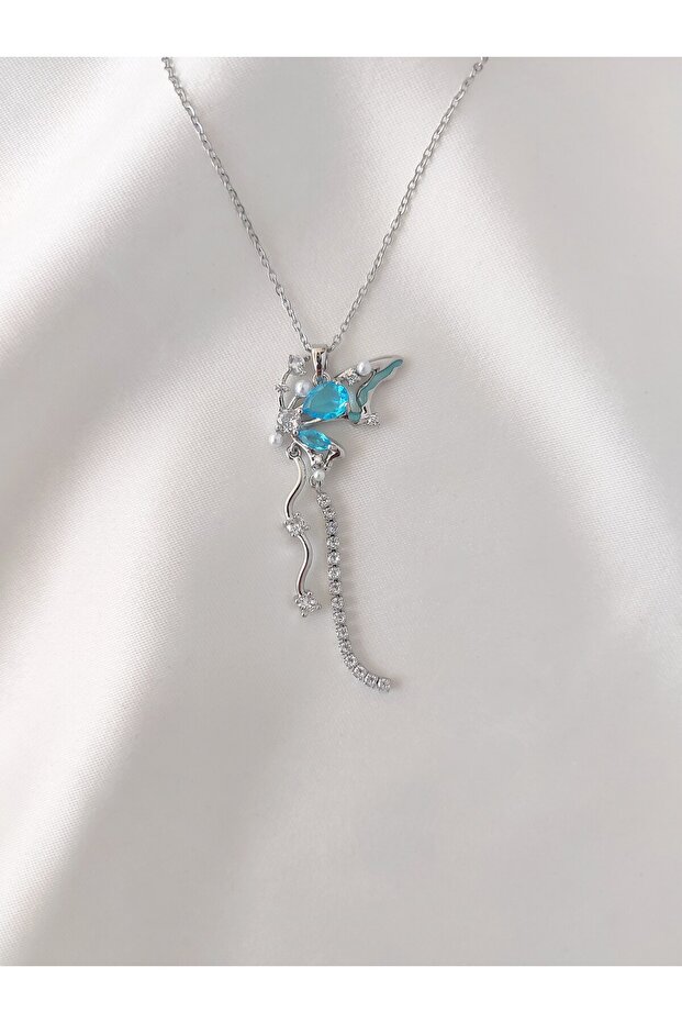 Women's Steel Zircon Stone Dangle Butterfly Necklace
