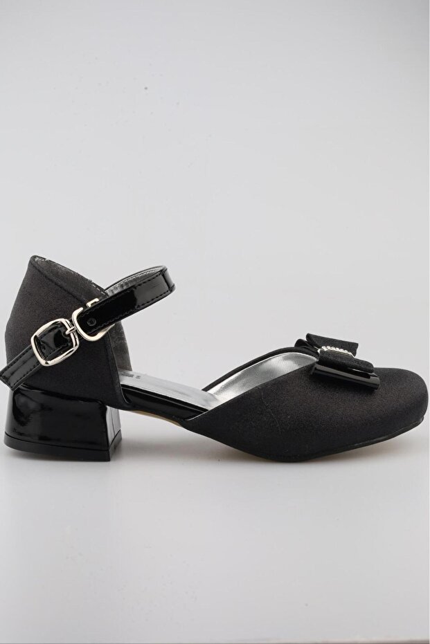 Girl's Black Evening Dress with Glitter Sand Detail and Bow Shoes
