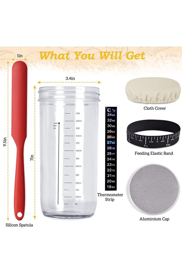 Sourdough Starter Jar Kit, 650Ml Wide Mouth Sour Dough Starter Container Thermometer, Scraper, - 4