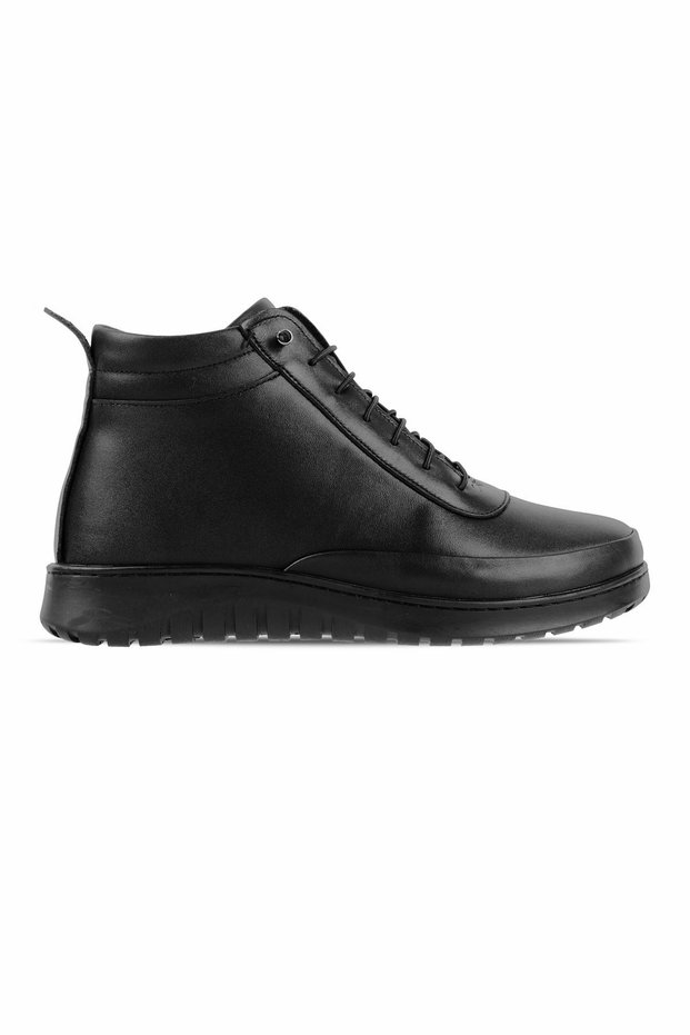 Plota Women's Genuine Leather Elastic Lace-Up Ankle Boots with Stitching Detail - Black
