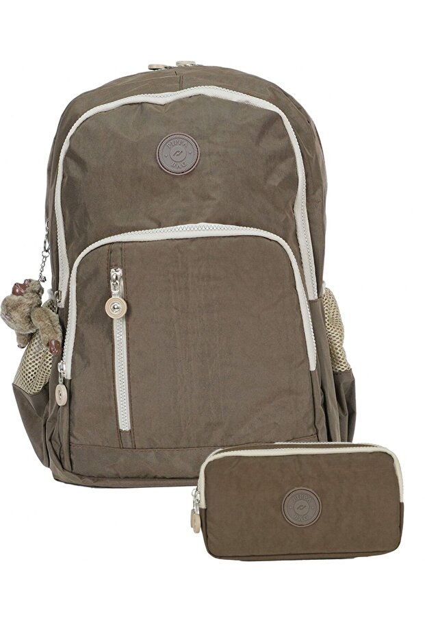 Crinkle Fabric School Bag and Two-Compartment Pencil Case (Girls and Boys - Brown - Ppcnt8030-01)