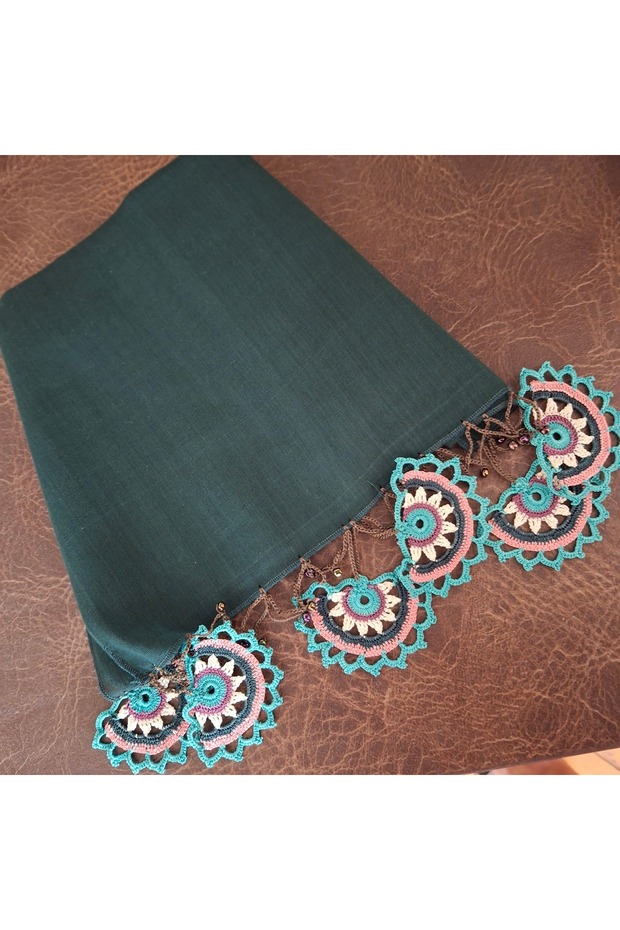 Handmade cotton crochet, green and colorful women's scarf.