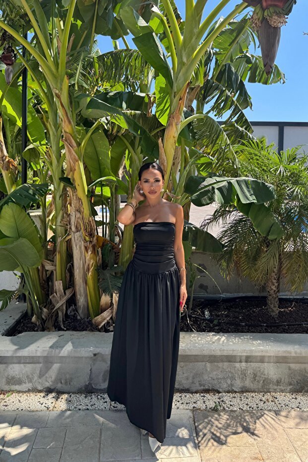 Drapeli Straplez Uzun Elbise - 1