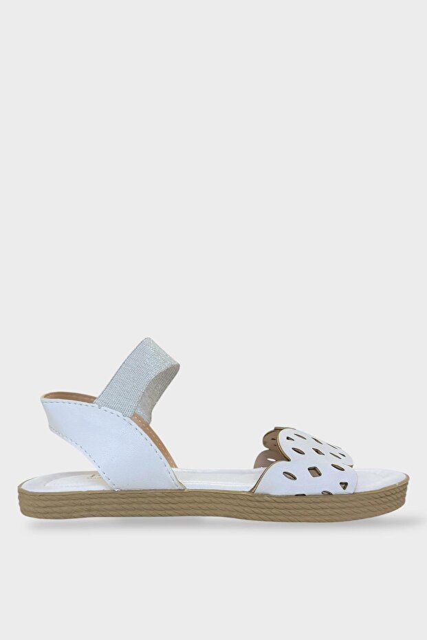 Women's Single Strap Rubber Detailed Laser Cut Summer Sandals White