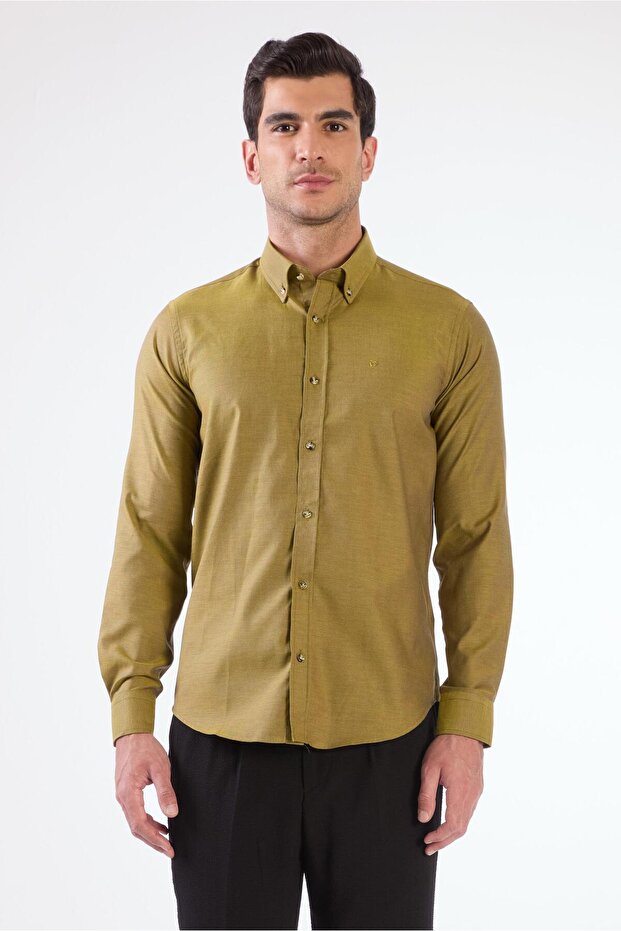 Men's Slim Fit Long Sleeve Dark Yellow Shirt