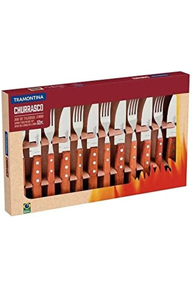 Dynamic Barbecue 12-Pieces Set with Stainless Steel Blades and Natural Wooden Handles