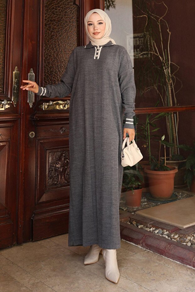 Button Detailed Knitwear Dress Gray 6153
