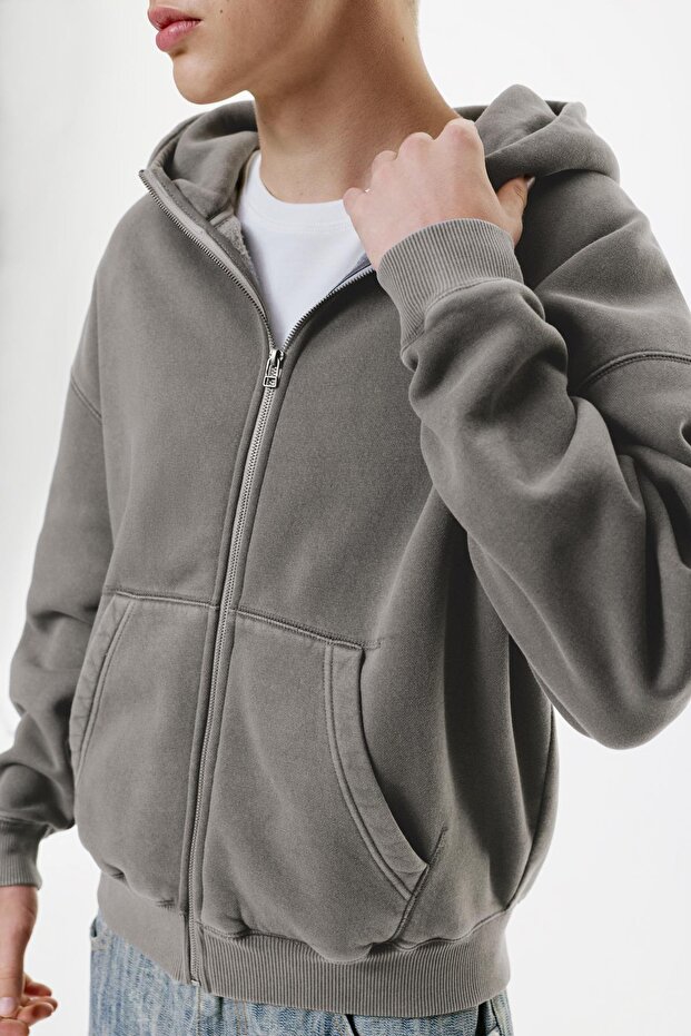 Fermuarlı yıkanmış boxy sweatshirt - 1