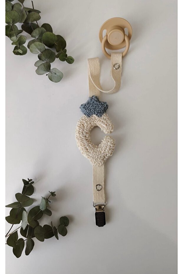 Crown Detailed Letter Punch Pacifier Chain / Strap New Collection Made of Natural Threads