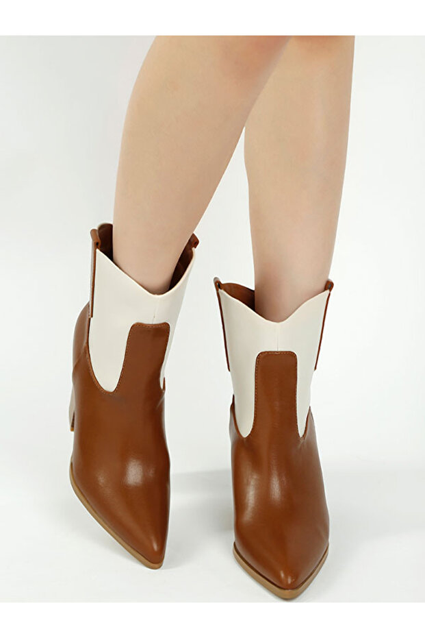 Women Two Tone Cowboy Boots in Tan and Off White