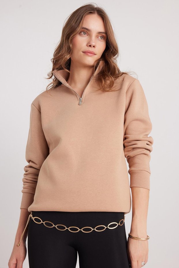 Women's Relax Fit Comfortable Cut Cotton Fleece Inside Half Zipper Stone Color Stand Collar Sweatshirt