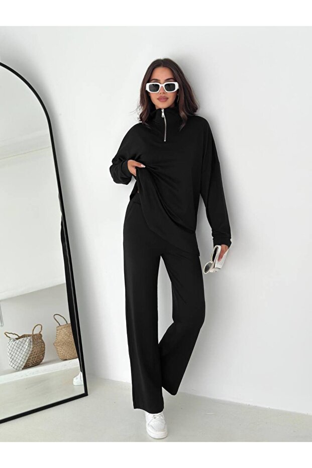 Women's Standing Collar Half Zipper Tesettür Modal Fabric Tracksuit Set