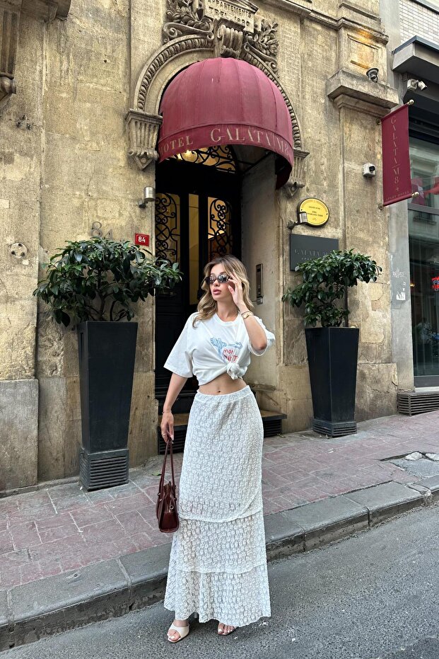 Lace Lined Midi Skirt White