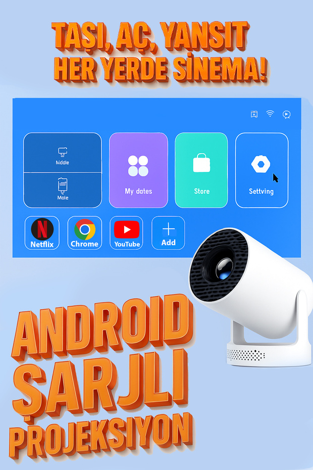 Android Şarjlı Projeksiyon 130” Sinema Keyfi, 4K Destekli Taşınabilir Sinema Projektörü Ev Sineması - 1