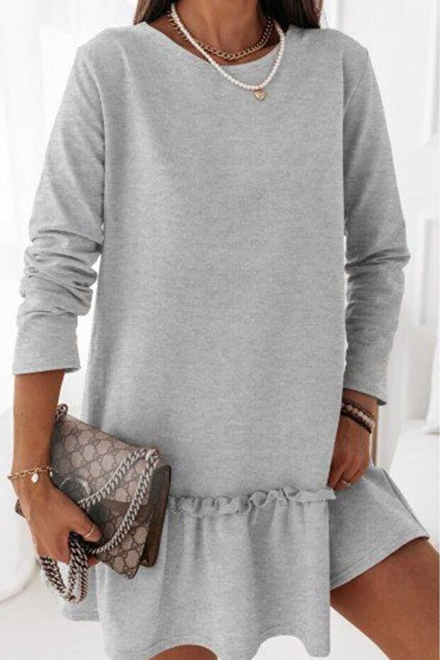 فستان بطول الركبة بياقة دائرية مكشكشة من قطعتين - 2