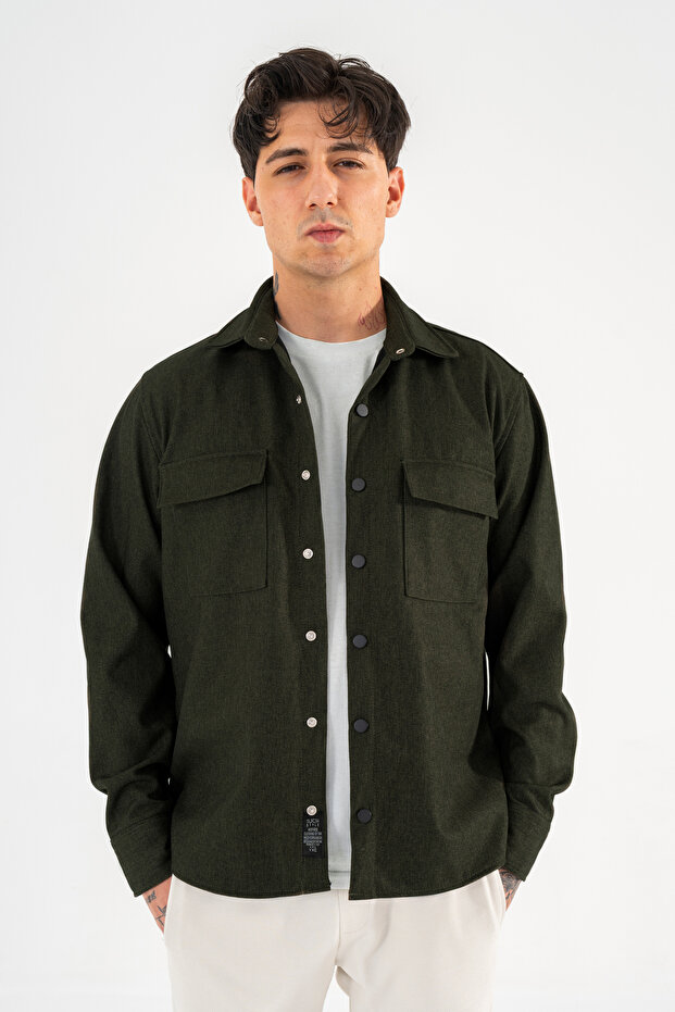 Men's Khaki Oversize Shirt Jacket with Flap, Double Pockets and Snap Fasteners - 1