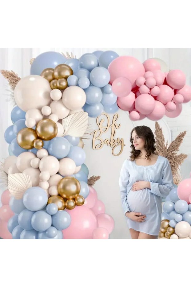 Gold Detailed Beige Pink Blue Balloon Chain Set Gender Reveal Party Balloon Chain Set 100 Pieces