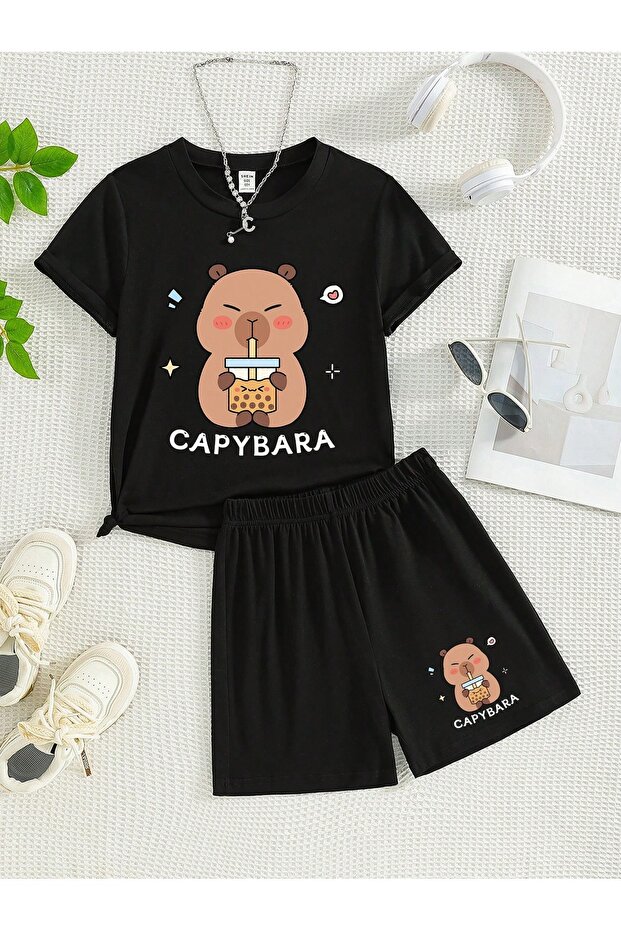Boys/Girls Capybara Print Patterned T-Shirt and Shorts Set