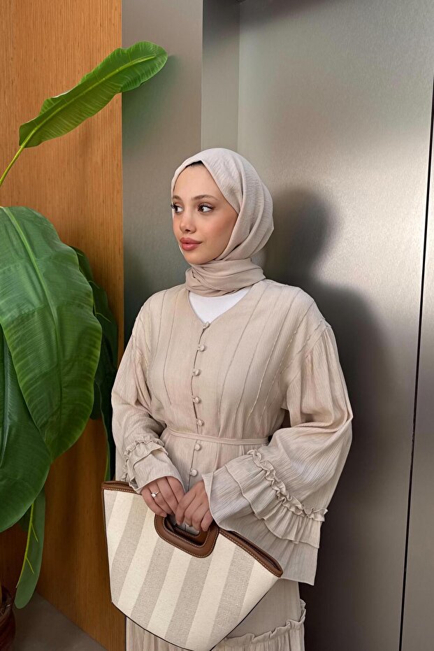 V Yaka Düğmeli Elbise - Bej - 2