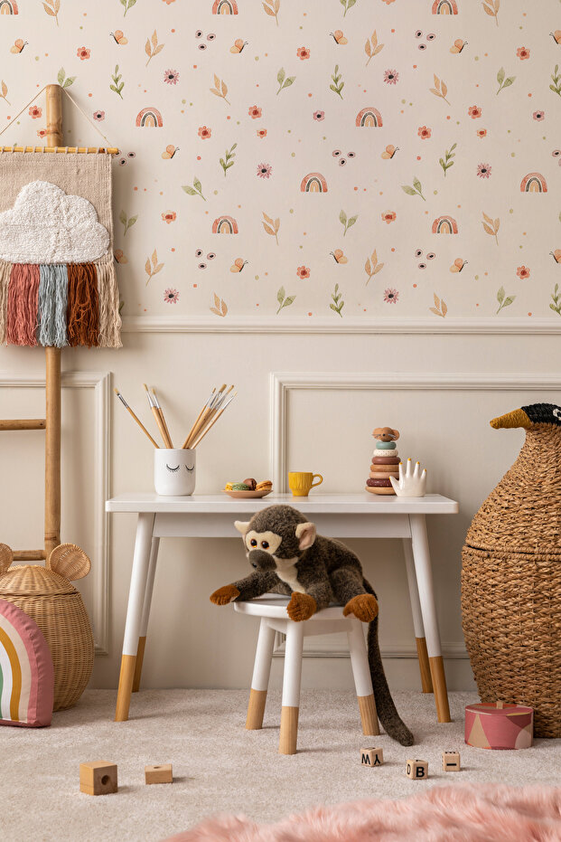 Minimal Gökkuşağı ve Yapraklar Desen Takibi Rainbow Çocuk Odası Duvar Kağıdı - 2