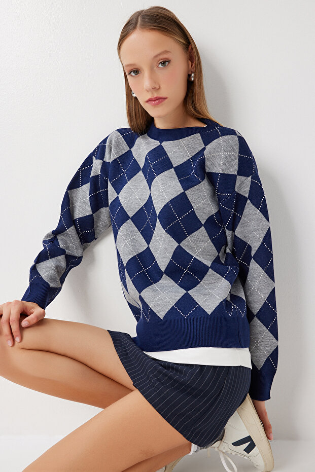 Baklava Patterned Knitwear Sweater Lmu0003 Dark Blue Gray