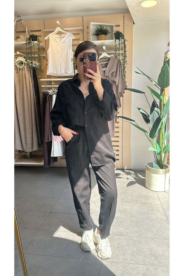 Women's Washable Gabardine Shirt & Carrot Pants Set Oversize Fit Relaxed Cut