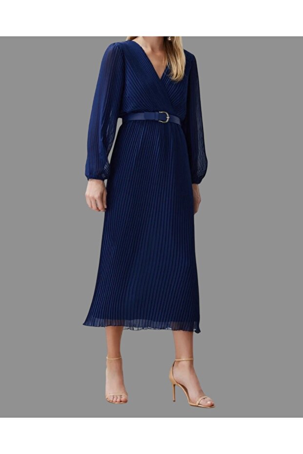 Lacivert Kemerli A Kesim Piliseli Maxi Astarlı Şifon Uçuş Uçuş Dokuma Elbise - 3