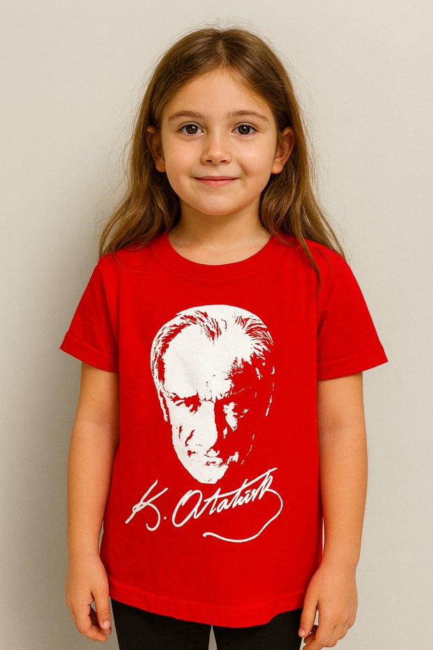 Ataturk Printed Unisex Children's Red T-Shirt |   100% Cotton |   Crew Neck
