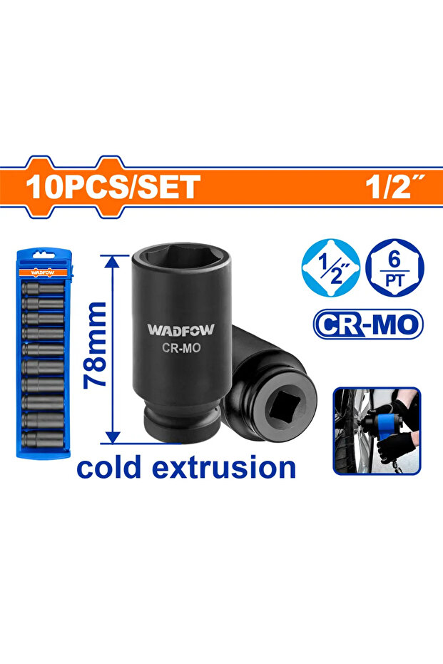 طقم حبوب كروم أسود طويل 1/2" — 10 قطع — WMSD202